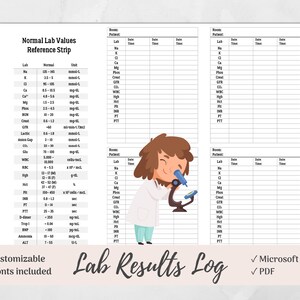 Nurse Lab Ergebnisse Log, Intensivstation, Intensivstation, Arzthelferin, Sofortiger Download, Microsoft Word, PDF