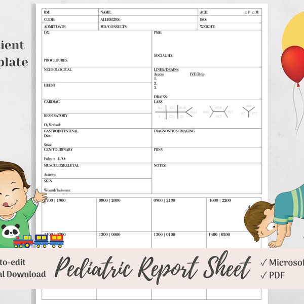 Pediatric Nurse Report Sheet for 1 Patient, Pediatrics Nurse Brain, Peds Nurse, Microsoft Word, PDF