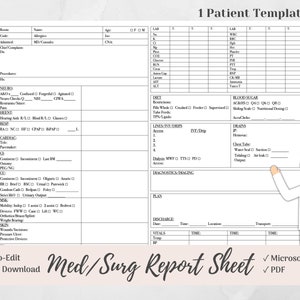 Detailed MedSurg 1 Patient Nurse Brain Report Sheet, Microsoft Word, PDF