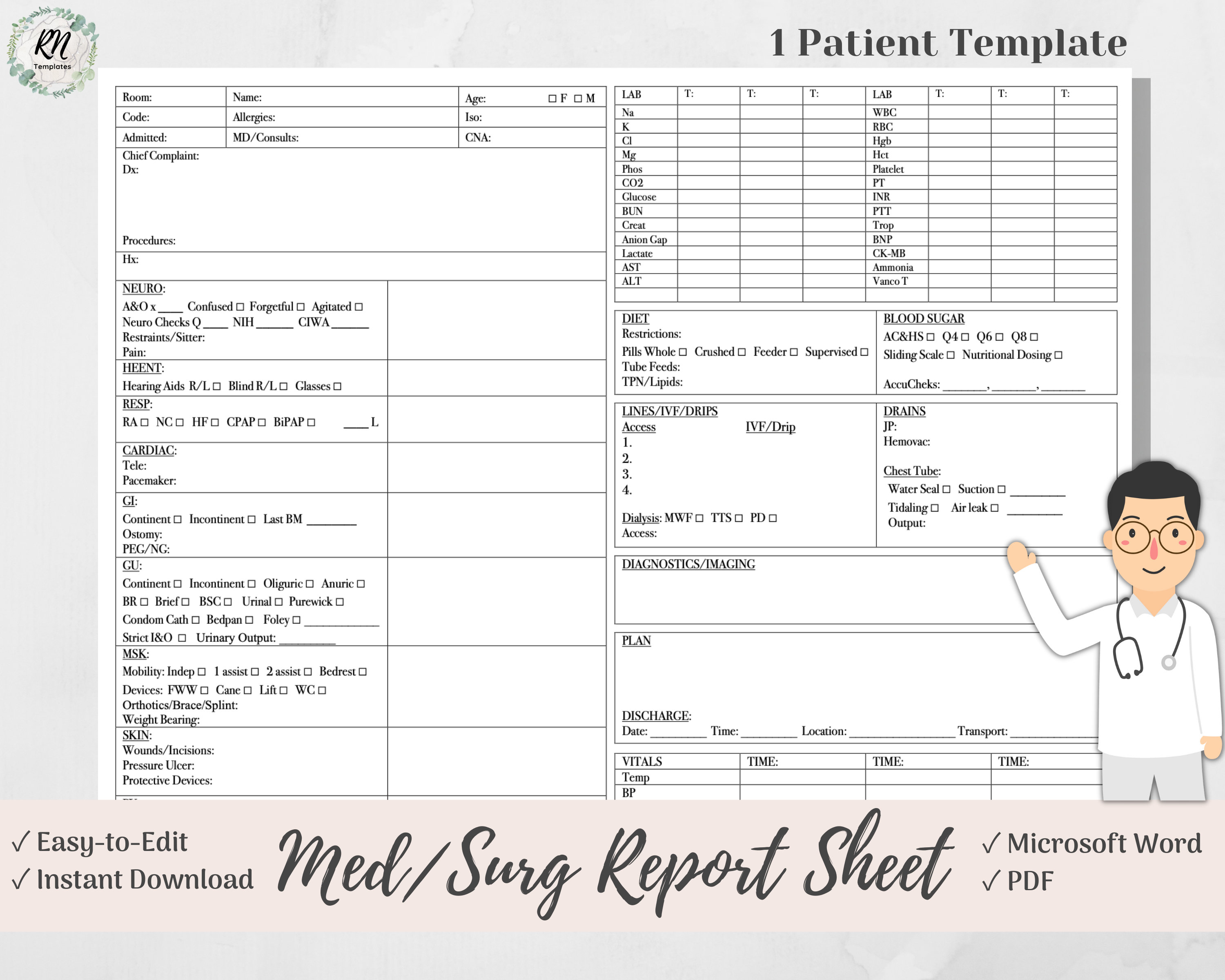 Detailed MedSurg 1 Patient Nurse Brain Report Sheet, Microsoft Word, PDF