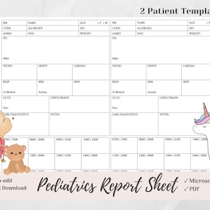 Pediatric Nurse Report Sheet for 2 Patients, Pediatrics Nurse Brain, Peds Nurse, Microsoft Word, PDF