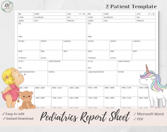 Pediatric Nurse Report Sheet for 2 Patients, Pediatrics Nurse Brain, Peds Nurse, Microsoft Word, PDF