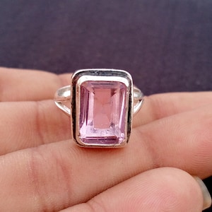 Rose Quartz Statement Ring: Solid 925 Sterling Silver, Rectangular Gemstone