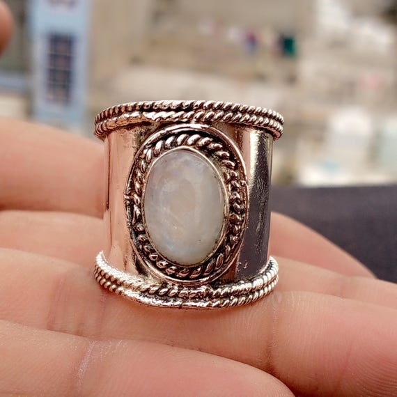 Rainbow Moonstone Sterling Silver Statement Ring: 925 Silver Band