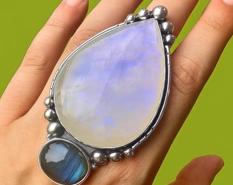 Handmade Sterling Silver Rainbow Moonstone Labradorite Statement Ring