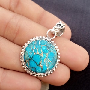 Ciondolo in turchese blu rame, ciondolo unisex anniversario in argento sterling fatto a mano,