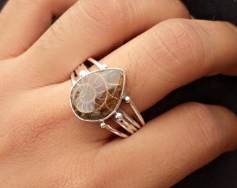 Ammonite Fossil Ring: Pear-Shaped Gemstone, 925 Sterling Silver Statement Ring
