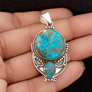 Blue Copper Turquoise 925 Sterling Silver Pendant: Handmade Designer Jewelry