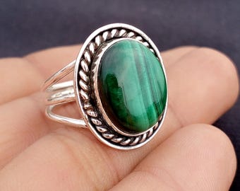 Bague Ancienne En Argent 925 Et Malachite - Taille 50, Pierres D'ambre, Occasion