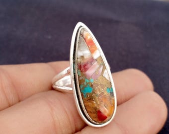 Statement Ring, Oyster Copper Turquoise Pear Ring, Handmade Solid 925 Sterling Silver Jewelry