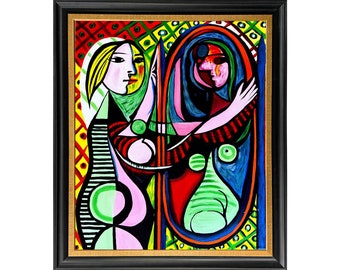 Picasso Girl Before a Mirror 26"x30" Hand-Painted Oil Painting Replica Large Dinning Room Wall Art,Bed Room Wall Decor,Kitchen Framed Art