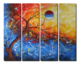 Abstract Tree Oil Painting, Extra Large Fall Wall Art, 12x40" Canvas