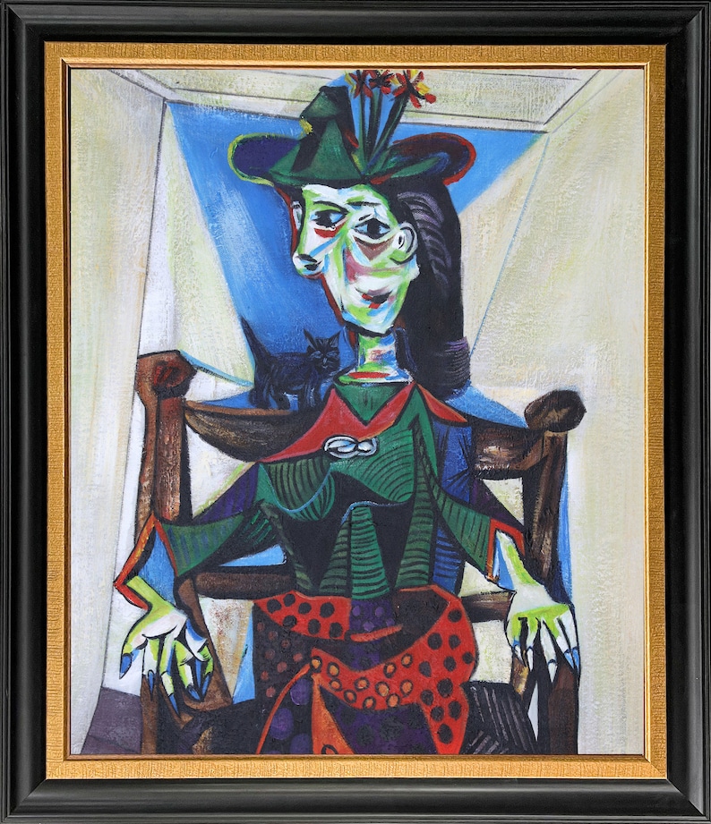 Pablo Picasso Dora Maar Au Chat 26x30 Hand-Painted Oil Painting Replica Large Dinning Room Wall Art,Bed Room Wall Decor,Kitchen Framed Art Black-Gold Frame