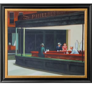Edward Hopper Nighthawks 30&#39;&#39;x26&#39;&#39; Hand-painted Oil Painting Replica with Regency Black Silver Frame Living Room Kitchen, Bedroom Wall Decor
