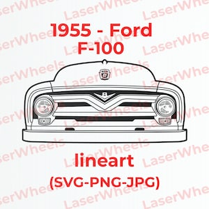 Op de afbeelding: Een zwart-witte lijntekening van een Ford F-100 pick-up truck uit 1955. De voorkant van de truck is te zien, met de koplampen, grille en het Ford-logo.