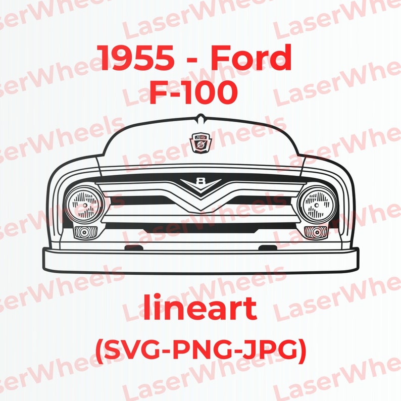 Op de afbeelding: Een zwart-witte lijntekening van een Ford F-100 pick-up truck uit 1955. De voorkant van de truck is te zien, met de koplampen, grille en het Ford-logo.