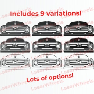 Op de afbeelding: Negen variaties van een zwart-witte lijntekening van een vintage pick-up truck. De tekst "Includes 9 variations!" en "Lots of options!" is opgenomen in de afbeelding.