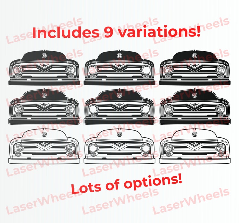 Op de afbeelding: Negen variaties van een zwart-witte lijntekening van een vintage pick-up truck. De tekst "Includes 9 variations!" en "Lots of options!" is opgenomen in de afbeelding.