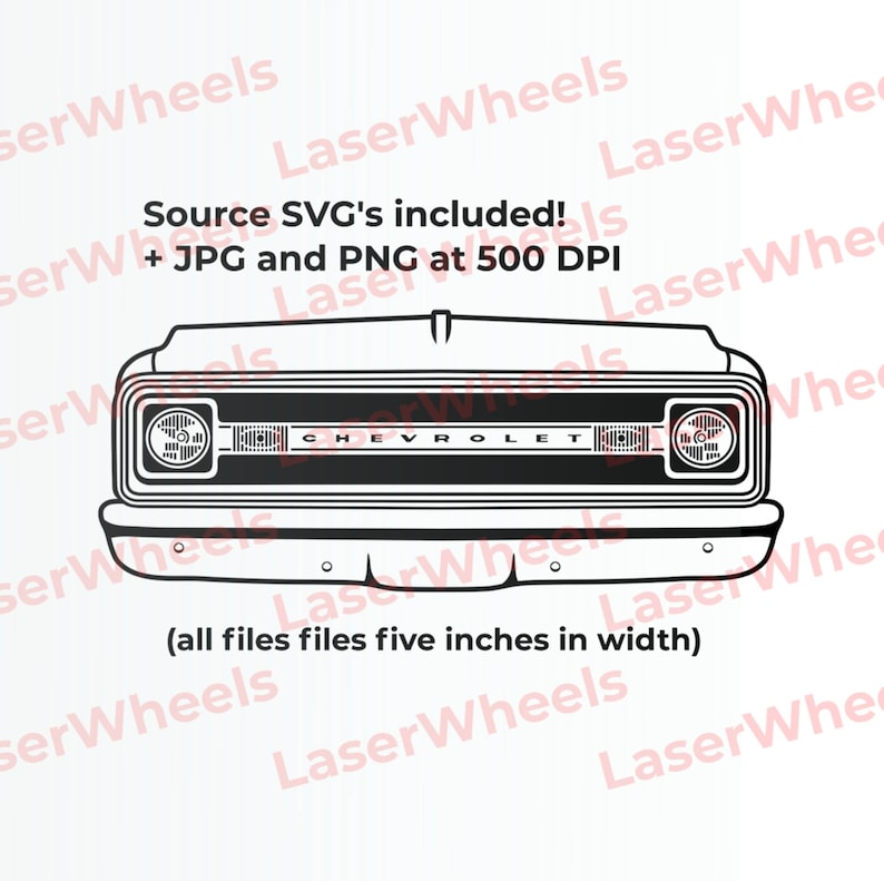 Pu&ograve; includere: Illustrazione in bianco e nero a linee di una griglia di un camion Chevrolet con la parola "CHEVROLET" al centro. L'immagine include il testo "Source SVG's included! + JPG and PNG at 500 DPI" e "(all files five inches in width)".