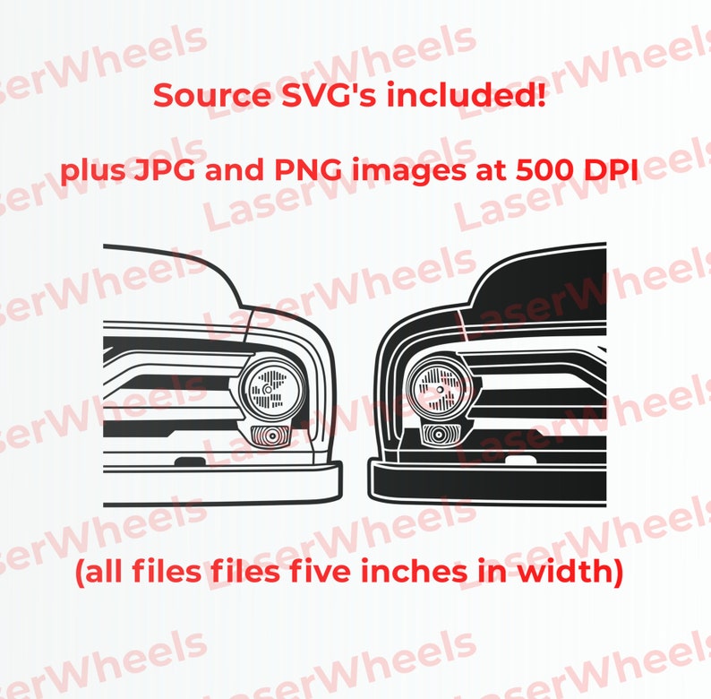 Op de afbeelding: Zwart-witte lijntekening van de voorkant van een vintage pick-up truck. De afbeelding bevat de tekst "Source SVG's included!" en "Plus JPG and PNG images at 500 DPI". De tekst "(all files files five inches in width)" is ook inbegrepen.