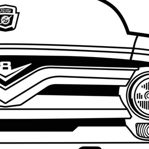 Op de afbeelding: Zwart-witte lijntekening van een vintage Ford pick-up truck. De truck heeft een groot 'Ford'-embleem op de motorkap en een 'V8'-embleem op de grille. De truck heeft een enkele koplamp aan de rechterkant van de afbeelding.
