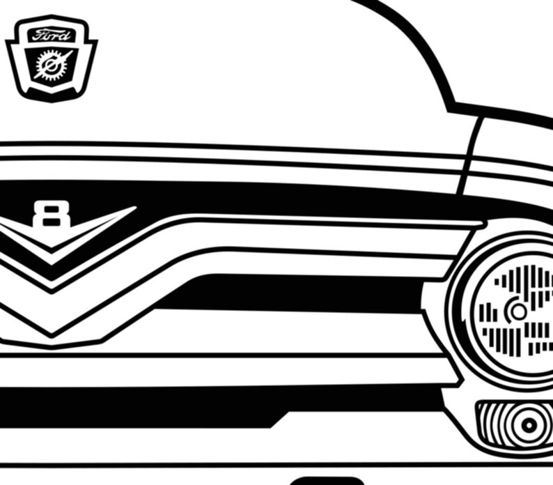 Op de afbeelding: Zwart-witte lijntekening van een vintage Ford pick-up truck. De truck heeft een groot 'Ford'-embleem op de motorkap en een 'V8'-embleem op de grille. De truck heeft een enkele koplamp aan de rechterkant van de afbeelding.