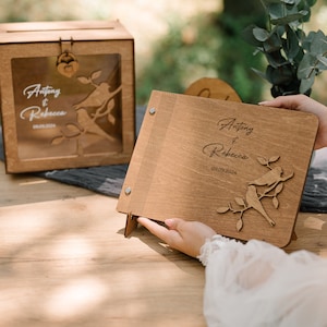 Set di libri degli ospiti e cofanetti per biglietti di matrimonio, regalo di nozze personalizzato, decorazioni per matrimoni rustiche in legno, cartoline personalizzate e scatola regalo con libro degli ospiti in legno