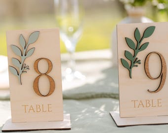 Rustic Wedding Table Numbers with Stands: Green Leaf Detail Decor for Party