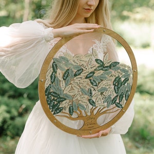 Cartello per libro degli ospiti alternativo per matrimonio, cartello di benvenuto personalizzato per matrimonio con foglie, cartello circolare con albero genealogico, decorazioni per matrimonio con verde