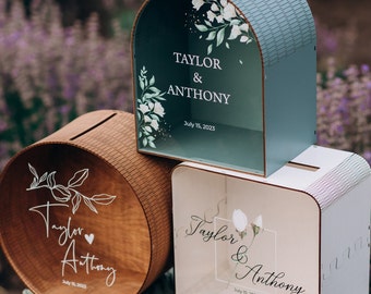 Caja de Tarjetas para Bodas, Caja de Madera Personalizada para Tarjetas y Regalos con Impresión en Vidrio Acrílico, Regalo de Boda para Pareja, Caja de Recuerdos de Boda