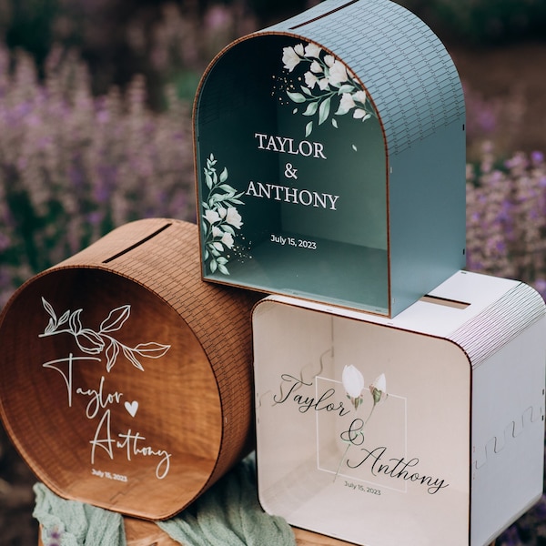 Kartenbox für Hochzeiten, personalisierte Holzbox für Karten und Geschenke mit Acrylglasdruck, Hochzeitsgeschenk für Paare, Hochzeits-Erinnerungsbox