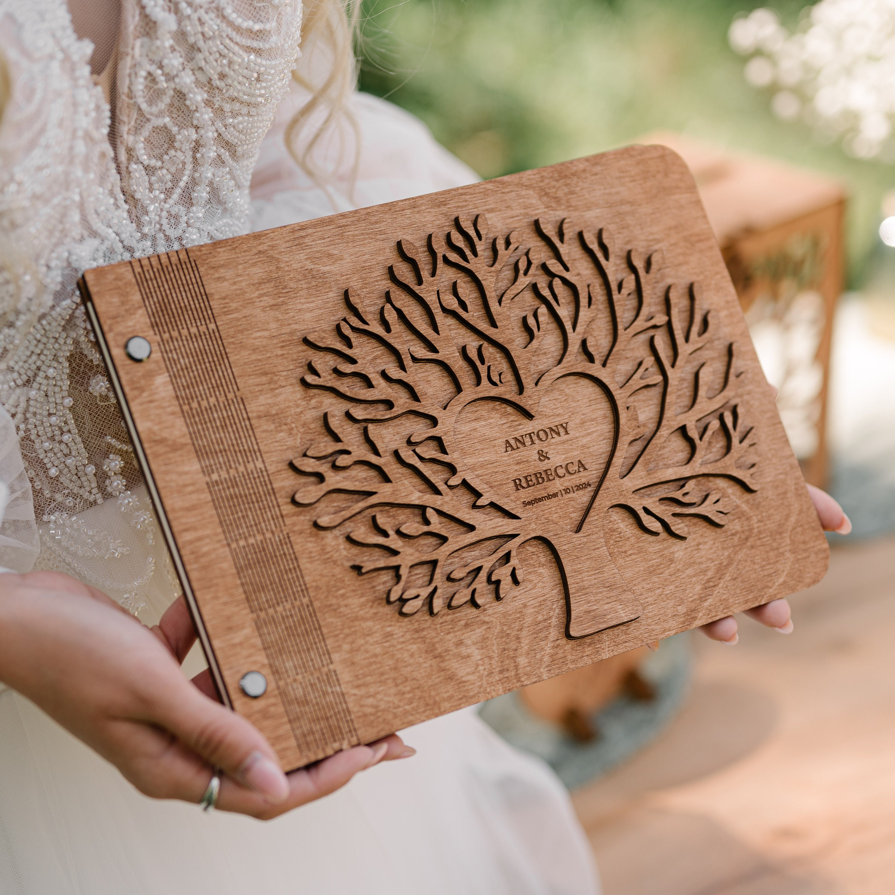 Wedding Guest Book Family Tree, Country Wedding Decor, Personalized Wooden Album, 5th Wedding Anniversary Gift, Traditional Guestbook