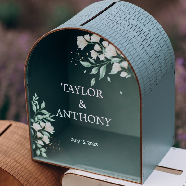 Caja de tarjetas de boda con ranura, decoración de boda boho, caja de tarjetas de vidrio acrílico con estampado floral, caja personalizada para deseos, caja de dinero de boda moderna