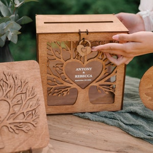 Caixa de cartão de casamento personalizada e conjunto de livro de visitas, caixa de memória de casamento com fechadura e slot para envelopes, álbum rústico de livro de visitas de casamento