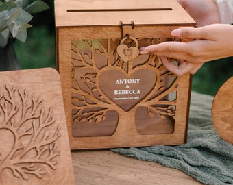Personalized Wedding Card Box  and Guest Book Set, Wedding Memory Box with Lock and Slot for Envelopes, Rustic Wedding Guestbook Album