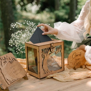 Caixa de cartão de casamento de árvore genealógica de madeira e conjunto de livro de visitas, caixa de memória de casamento com fechadura e slot, decoração de casamento country, festa de aniversário