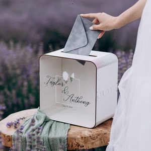 Wedding Card Box with Slot, Boho Wedding Decor, Acrylic Glass Card Box with Floral Print, Custom Box for Wishes, Modern Wedding Money Box image 8
