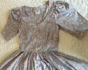 Vintage 1980s Laura Ashley pastel floral dress, cotton with covered buttons size 10