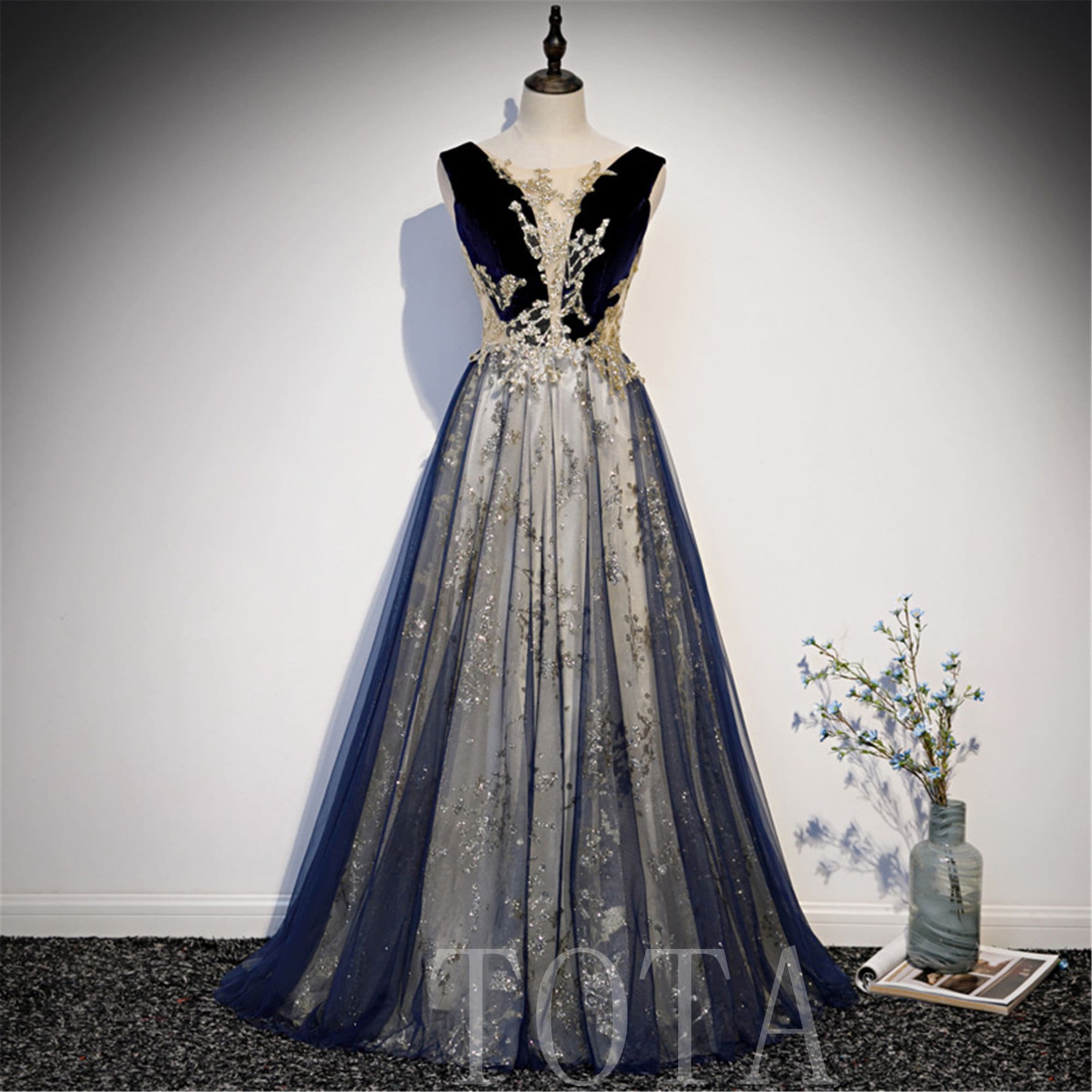 Navy blue and gold formal dress cheap