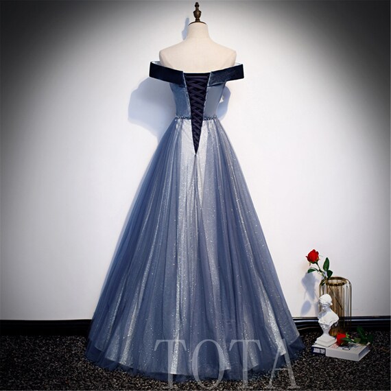 Fairy Blue Prom Dress Sparkling Tulle Long Party Dress off Shouler