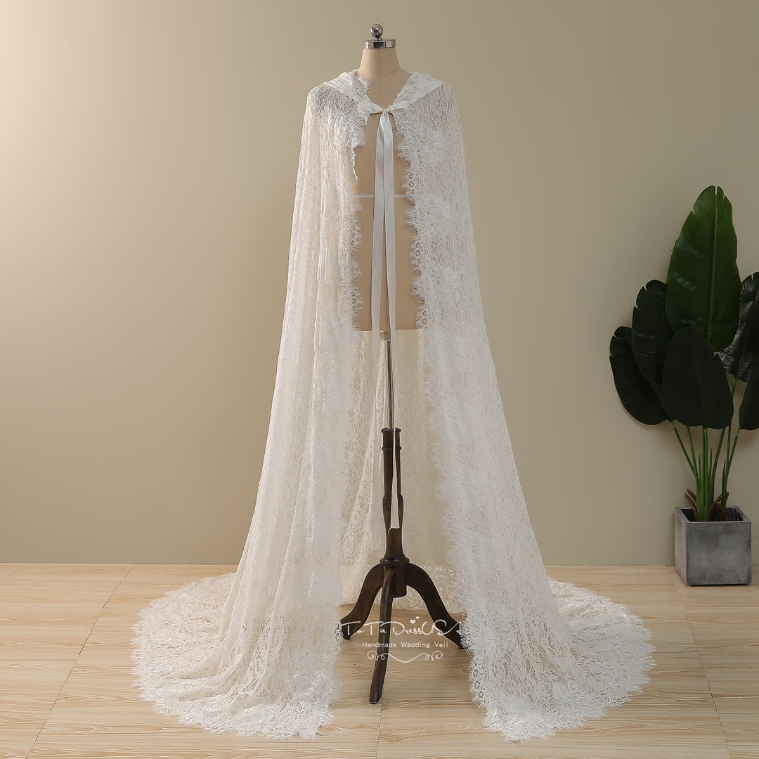 Wedding Lace Cape Veil With Hood Ivory Bridal Cloak Veil Hooded Long ...