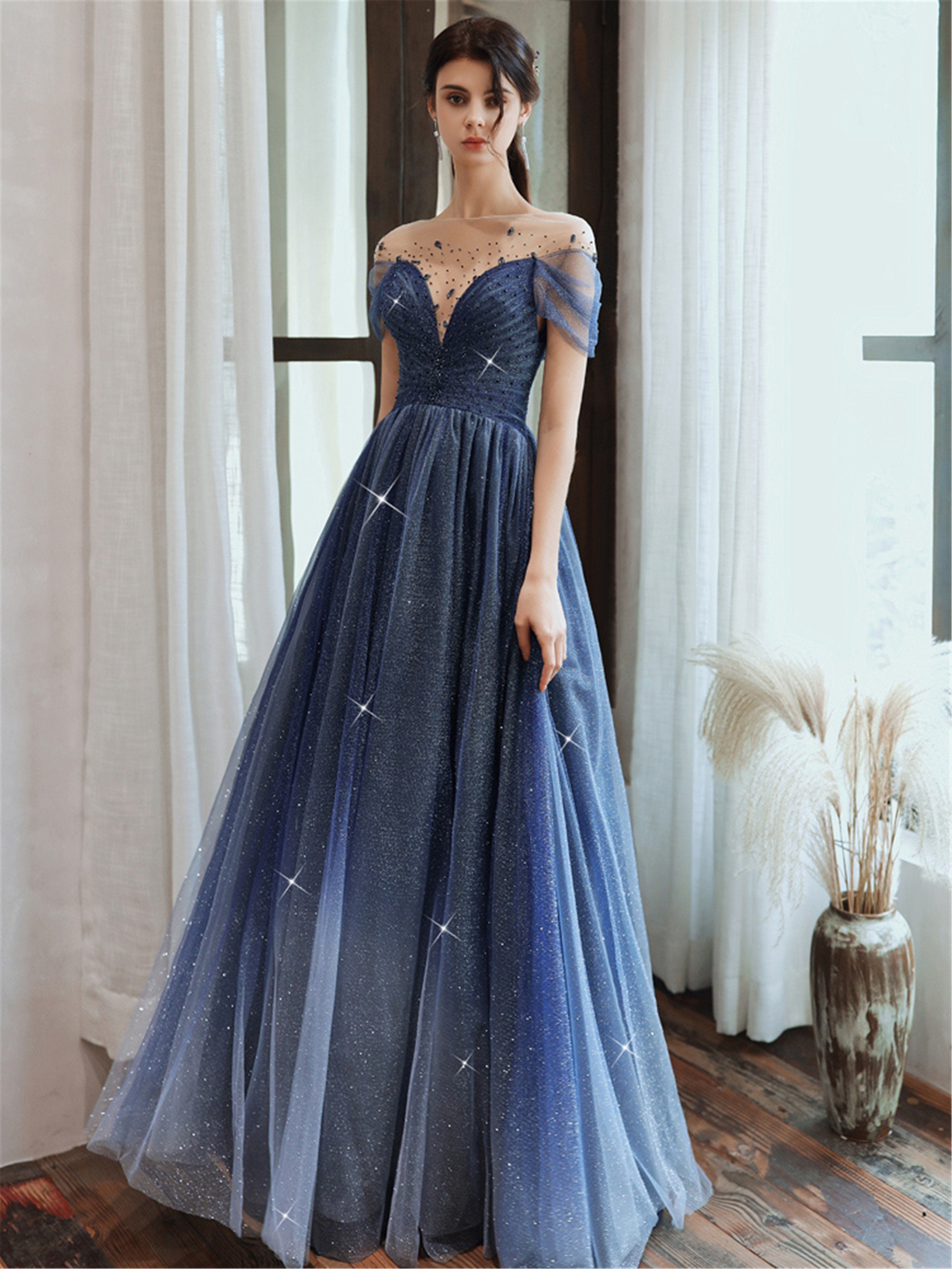 Navy Blue Off Shoulder Gown by Mint Blush by Aamir, Sahil & Shazmeen for  rent online | FLYROBE