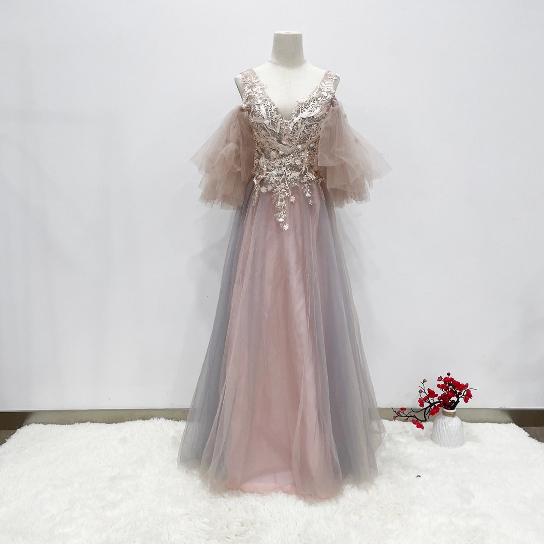 Floral Lace Applique Dress V Neck Fairy Prom Dress Princess Dress With Short Sleeve Custom