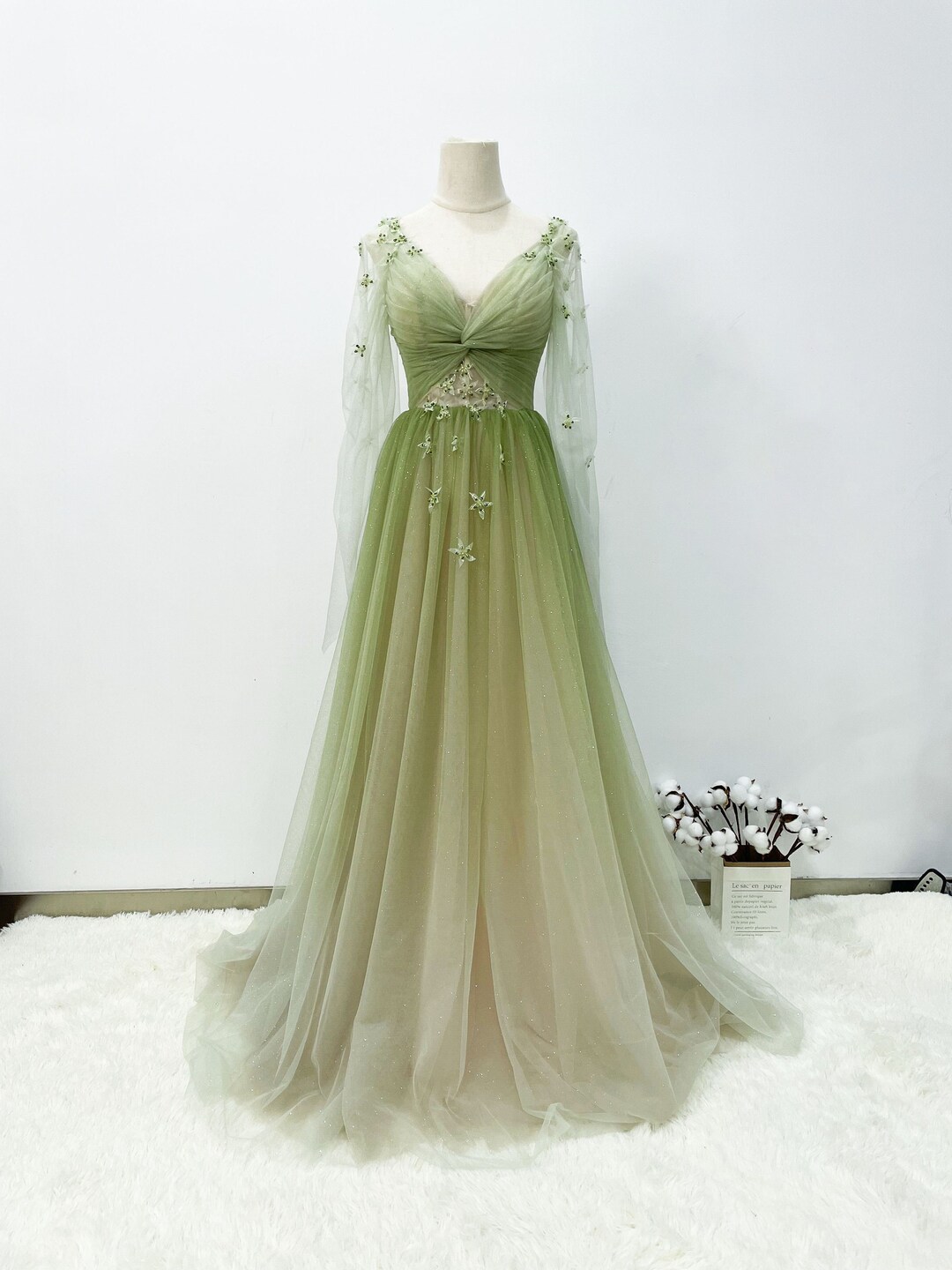 Gradient Green Prom Gown Soft Glitter Tulle Evening Dress V Neck Long ...