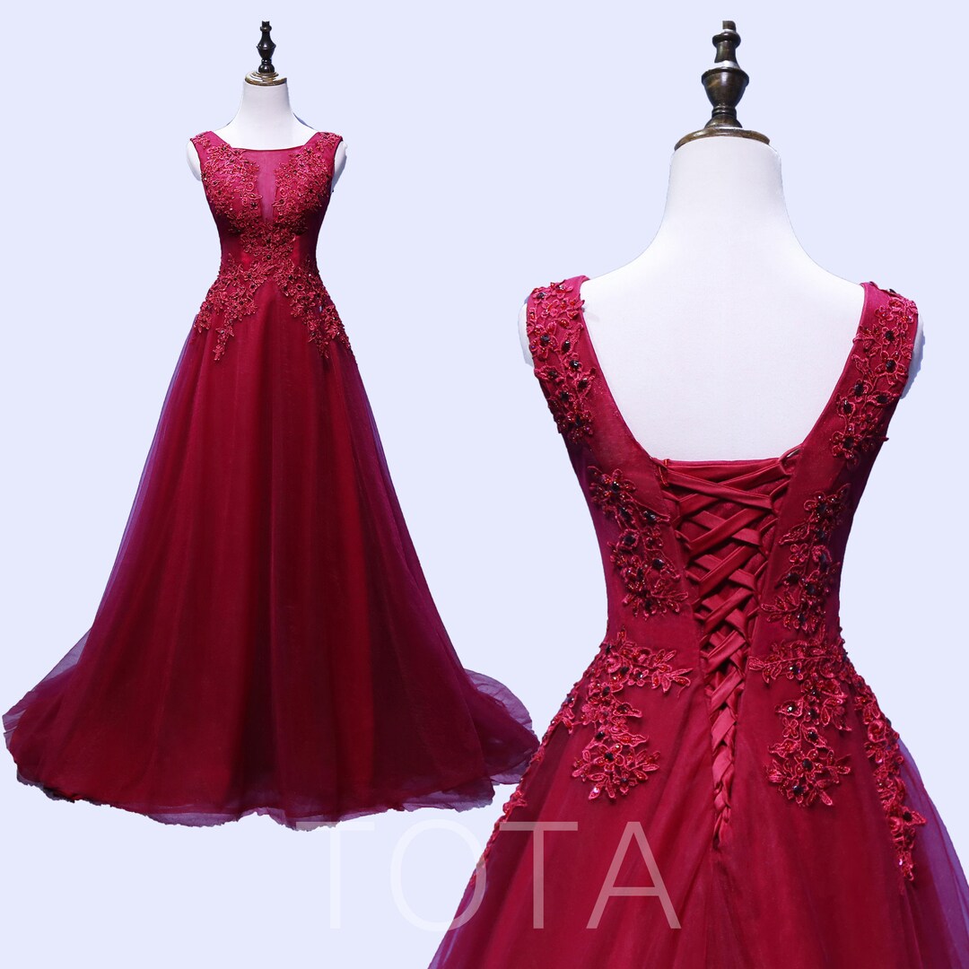 Prom Dresse Red Evening Dress Sleeveless Red Long Dresses Lace Applique