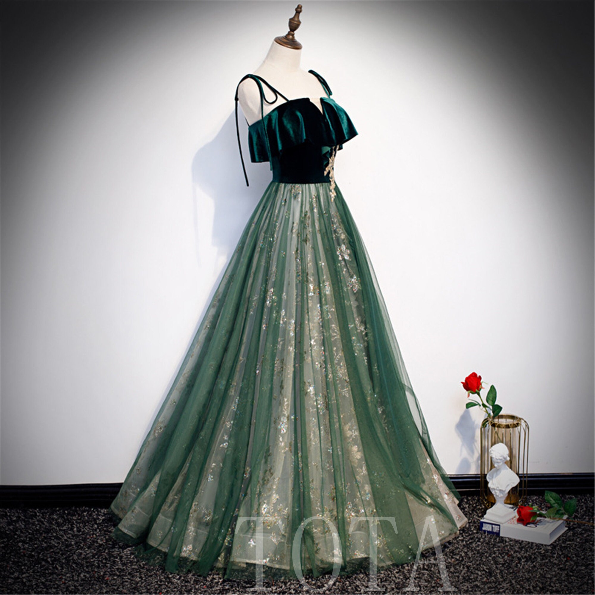 Vintage Dark Green Prom Dress Floral 
