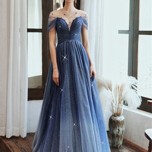 Starry Blue Prom Dress off Shoulder Floral Event Dress - Etsy