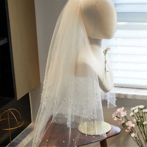 Fingertip Length Wedding Veil Waltz Bridal Short With Pearls Double Layers  Scattered Pearl Edge Tulle Elbow Veils - Yahoo Shopping
