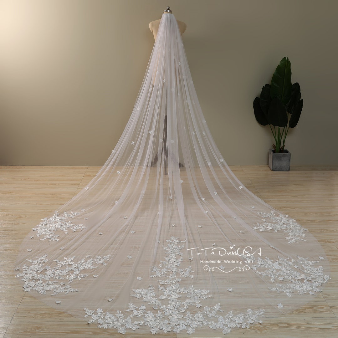 Geogrous Small Flower Lace Veil Cathedral Wedding Veil Long Floral Veil