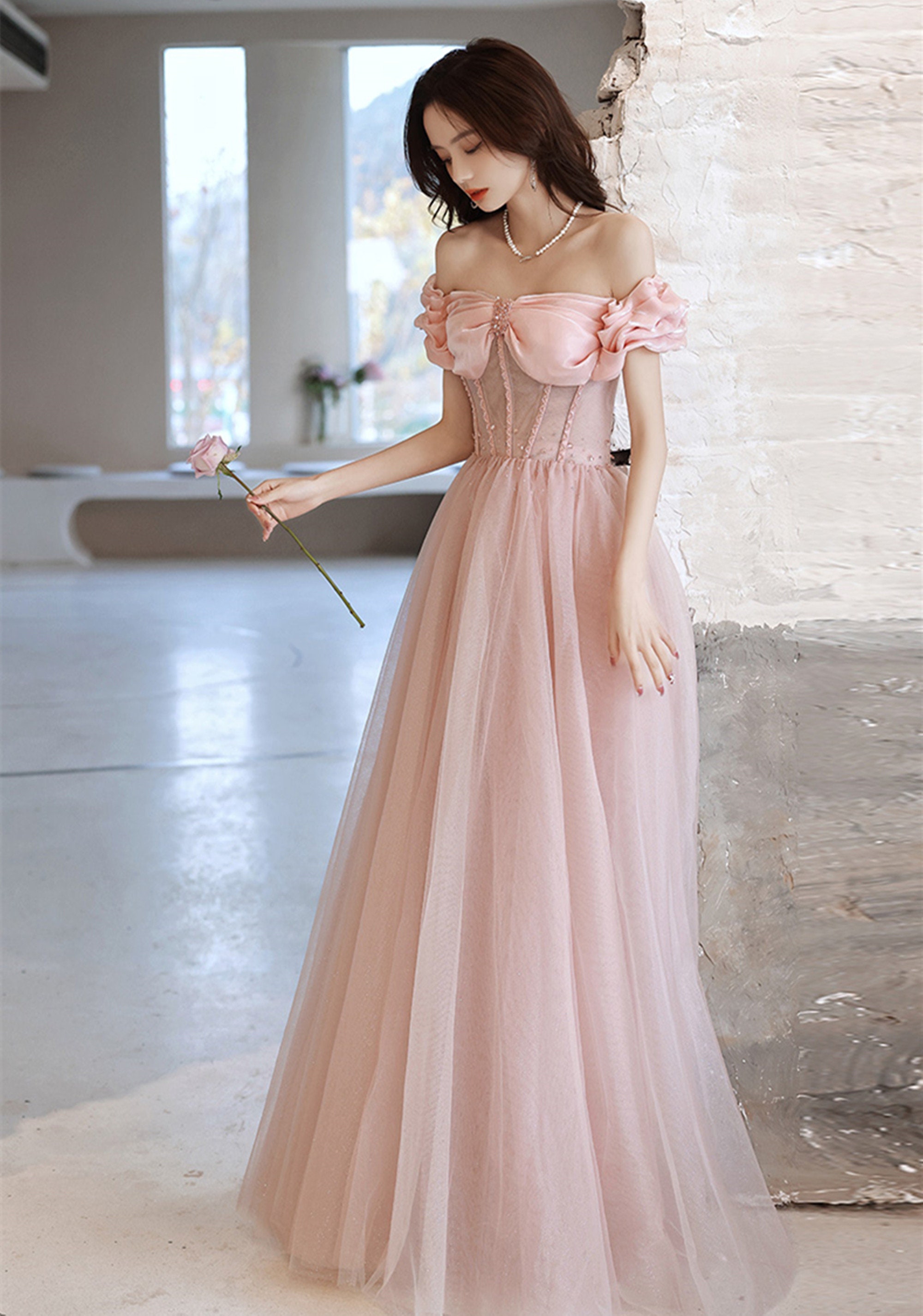 Pink evening hotsell dress